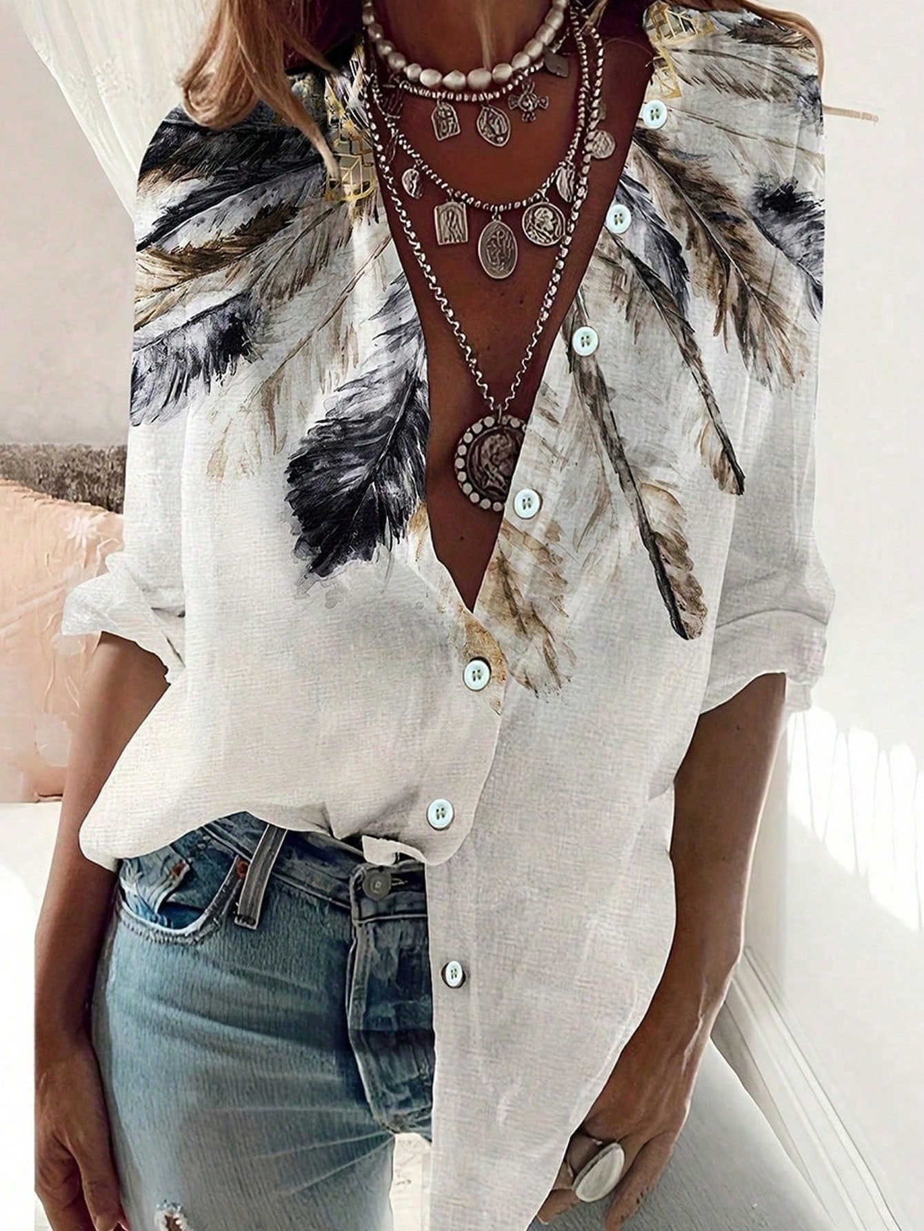 Ethnic Fashion Clothing - Modisches Slim-Fit-Langarmshirt mit Western-Ethno-Print für Damen