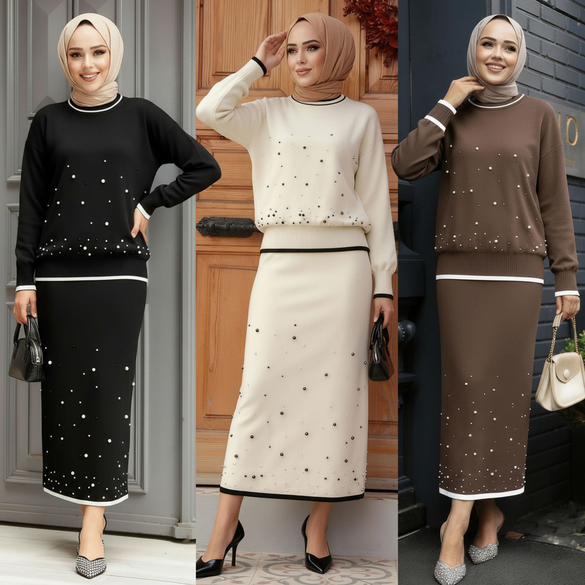 Jalabiya Women Arabic - Eid Damen 2-teiliges Set Perlenbesetzte Bluse