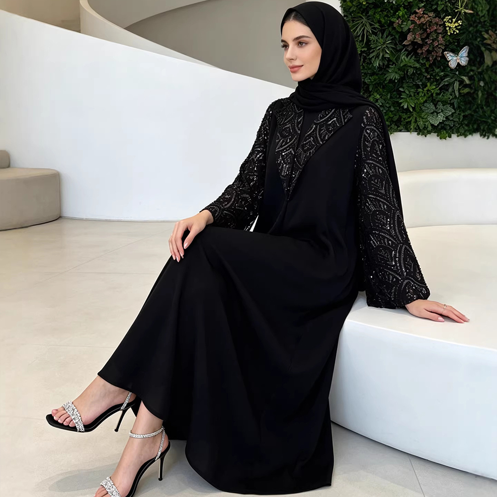 Jalabiya Women Arabic - Muslimische Kleider Damenanzug Abayas Kopftuch Pailletten