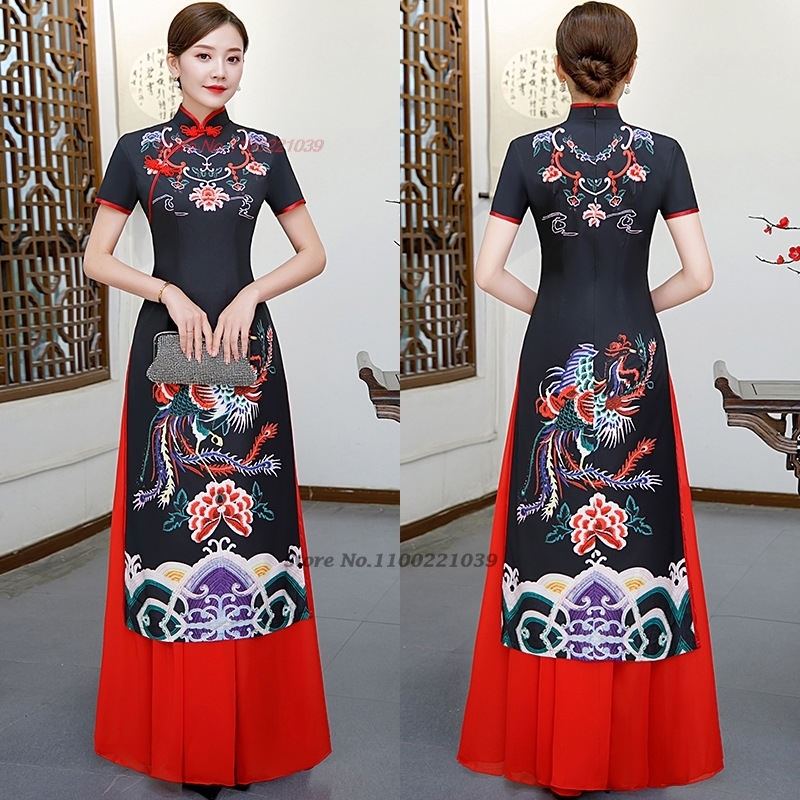 Ao Dai Vietnam Dress - 2026 chinesisches verbessertes Qipao-Kleid, Vintage-Phönix-Druck, vietnamesisches