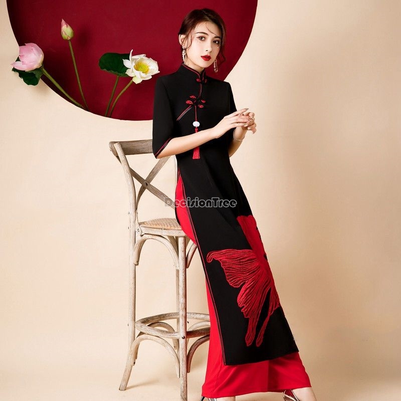Ao Dai Vietnam Dress - 2026 Bühnenauftritt Vietnam Aodai Stickerei-Kleidungsstück Klassisch