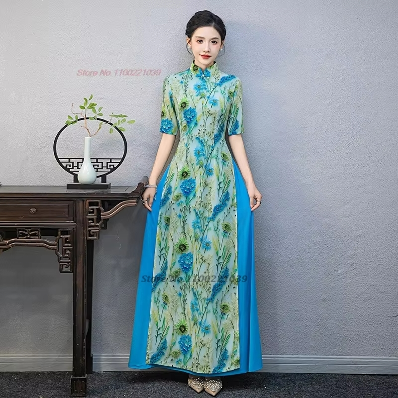 Ao Dai Vietnam Dress - 2026 Vietnam Aodai Kleid National Blumendruck