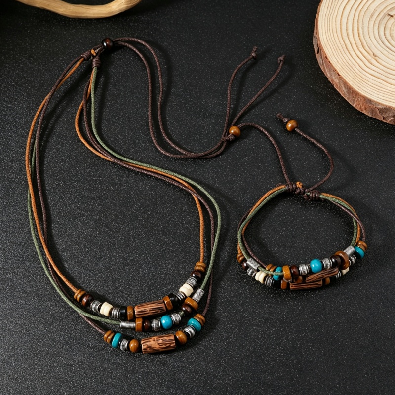 Ethnic Wear Men'S Fashion - Vintage 2-Lagiges Kunstleder-Wachsseil-Schmuckset Holzanhänger Halskette Armband