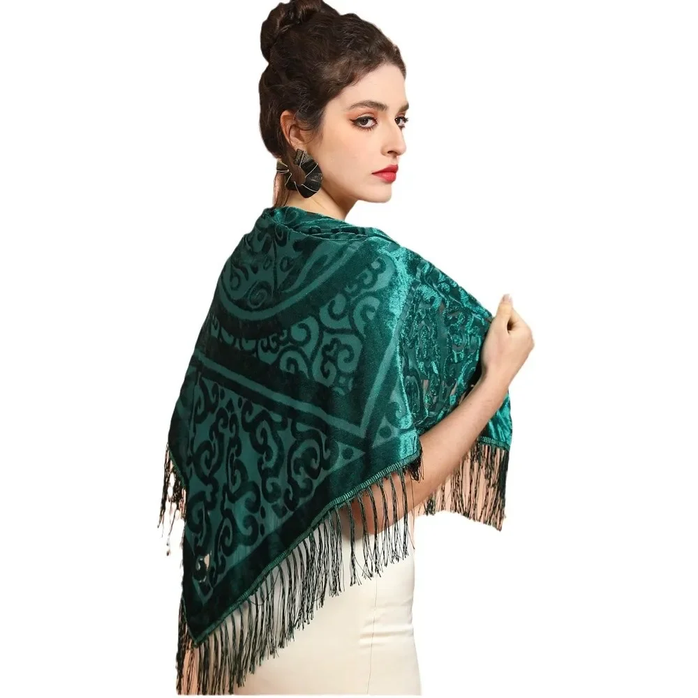 Ethnic Fashion Collection - AW25 Samt-Jacquard-Schal mit Quastenbesatz – Vintage-Boho-Oriental-Schal