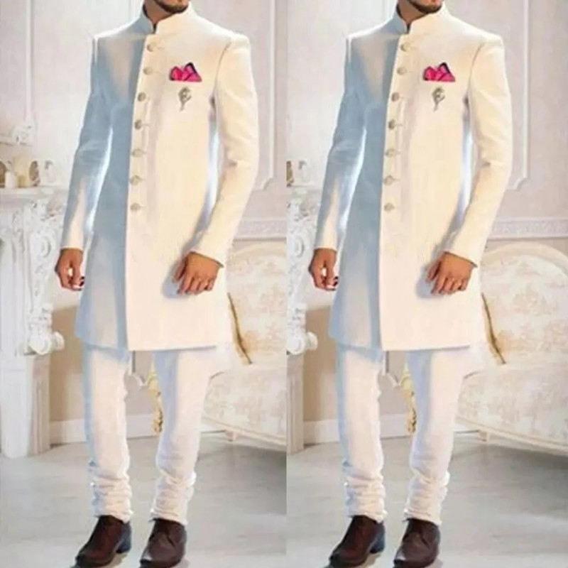 Ethnic Wear Men'S Fashion - Mode-Design Weiß Stehkragen Einreiher Ethnische Indischen